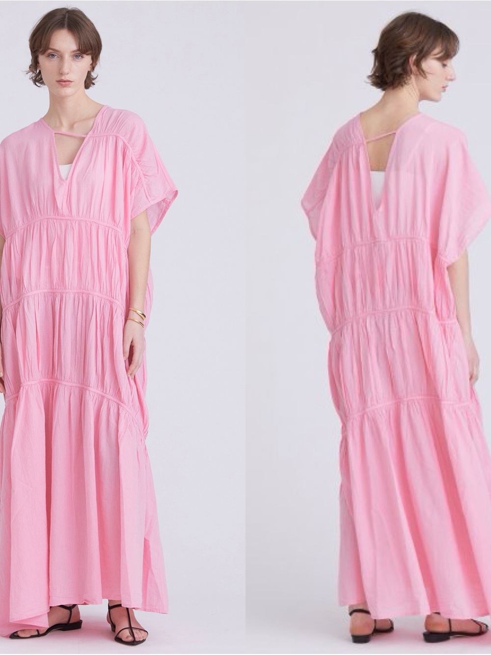 NWT Devotion Twins Chalkos Cotton Tiered Pink Asymmetrical Maxi Dress Size S